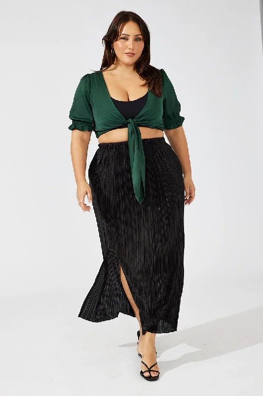 Black Midi Skirt Side Split Plisse patchwork skirt art