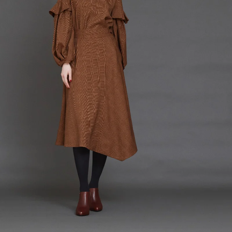 DiDi Guranjie Glen Check Ile Hem Skirt in Camel Orange midi skirt versatile