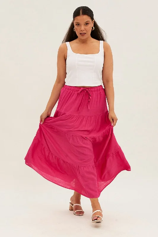 Pink Maxi Skirt High Waist Tiered spandex blend skirt