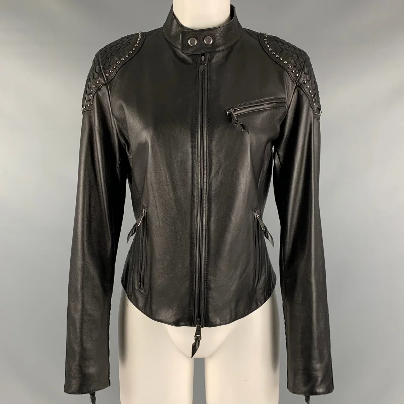RALPH LAUREN Size 8 Black Studded Leather Zip Up Jacket Hoodie Zip-Up Jacket Button-Up Jacket