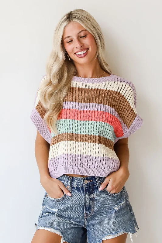 Easily Delightful Lilac Striped Sweater Top Tailored Straight A-Line