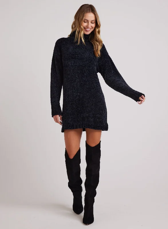 Turtle Neck Chenille Sweater Dress- Black Solid Color Striped Floral Print