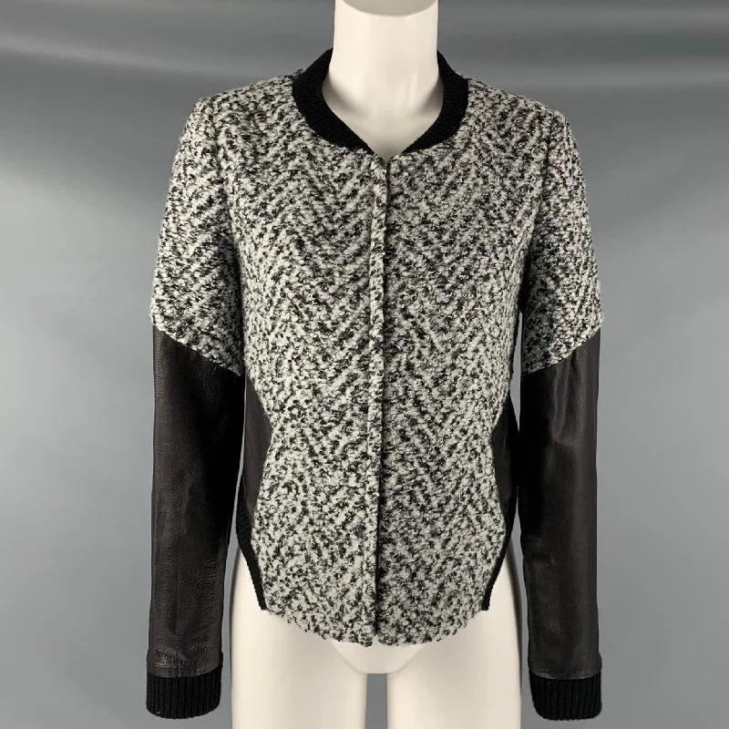 THAKOON Size 0 Black White & Grey Acrylic Blend Mixed Fabrics Jacket Herringbone Jacket Checkered Jacket Solid Jacket