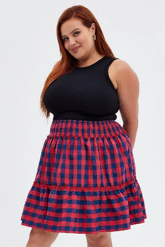 Stripe Shirred Waist Check Skater Skirt chiffon skirt airy