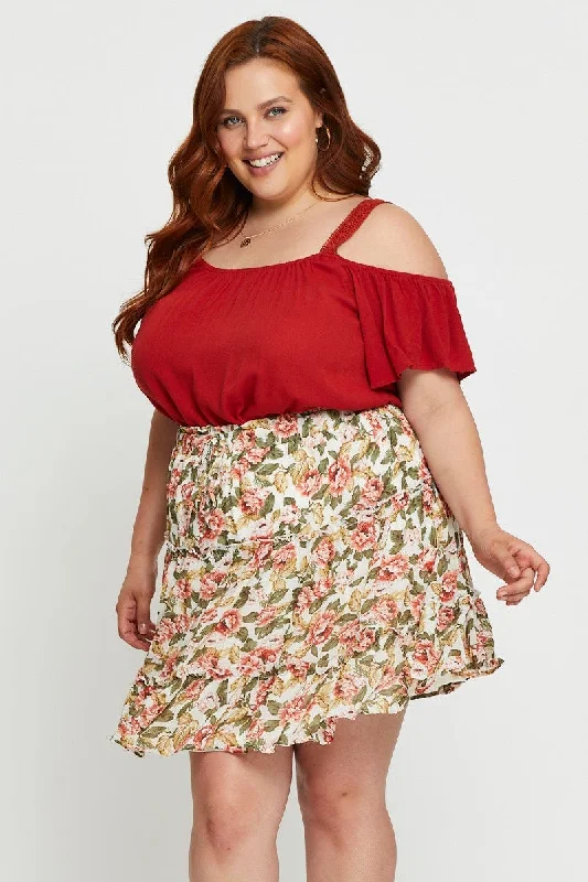 Floral Print Mini Skater Skirt Elastic Waist silk skirt elegant