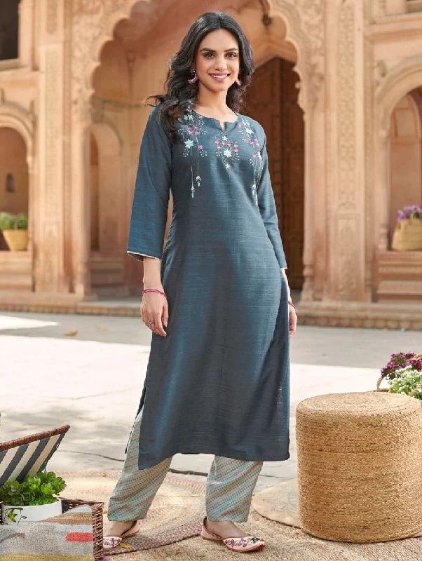 Embroidered Silk Kurta Pants Set 3702 Formal Linen Trousers
