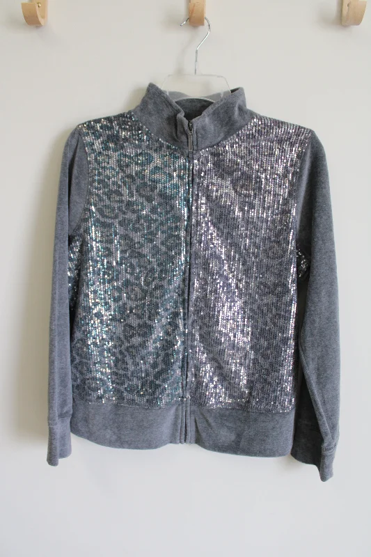 Onque Casuals Gray Leopard Sequin Velour Jacket | S One-Shoulder Jacket Off-the-Shoulder Jacket Asymmetrical Jacket