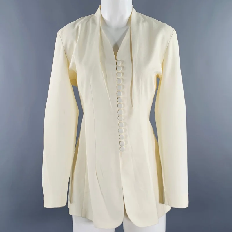 VINTAGE Size M Cream Crepe Collarless Jacket Blazer Print Jacket Jacquard Jacket Embroidered Jacket
