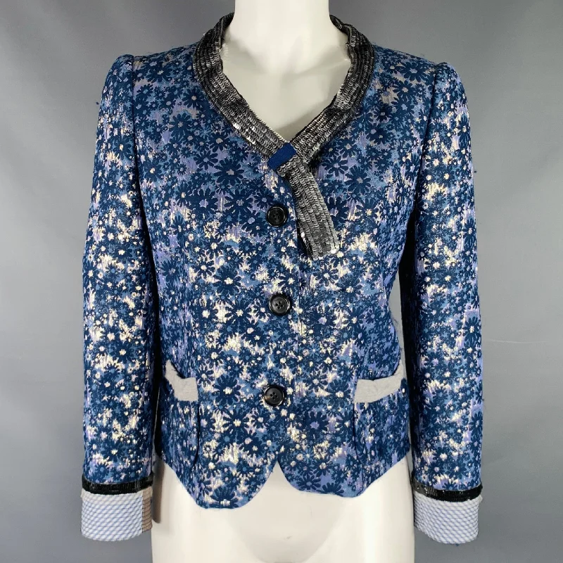 MARC JACOBS Size 6 Blue Silver Acetate Blend Floral Jacket Lace Jacket Ribbed Jacket Sequined Jacket