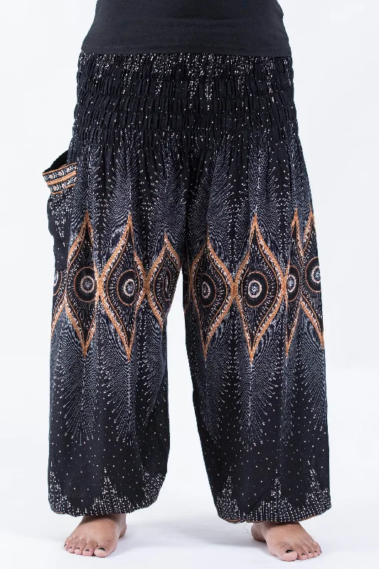 Plus Size Unisex Diamond Peacock Harem Pants in Black Relaxed Casual Leggings