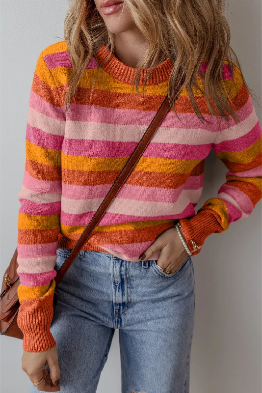 Color Block Ribbed Edge Round Neck Sweater Cable Knit Ribbed Knit Lace Knit