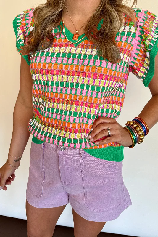 Green Multicolor Flutter Sleeve Knitted Sweater Top Mesh Fabric Canvas Fabric Denim Fabric