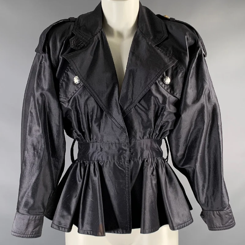 MICHAEL CASEY Size 8 Black Viscose Silk Solid Epaulettes Jacket Striped Jacket Polka Dot Jacket Floral Jacket
