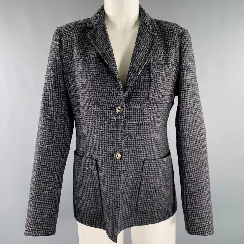 MICHAEL KORS Size 8 Grey Navy Houndstooth Virgin Wool Cashmere Jacket Tiered Jacket Buttoned Jacket Zippered Jacket