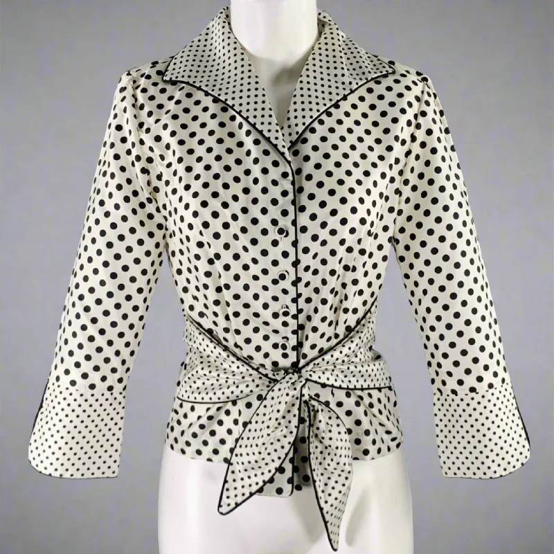 MARISA BARATELLI Size 4 White Black Silk Belted Polka Dot Jacket Denim Jacket Leather Jacket Suede Jacket
