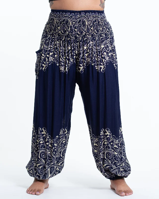 Plus Size Unisex Vines Harem Pants in Blue Elegant Silk Pants