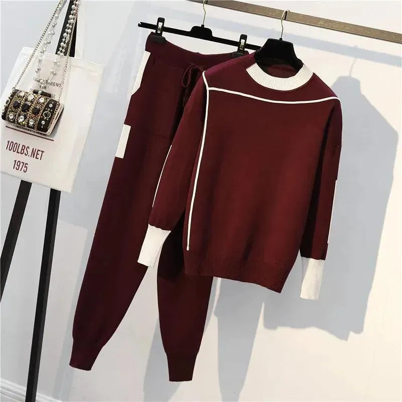 Striped Knitted 2-Piece Women Sweater Set Real Fur Shearling Chenille