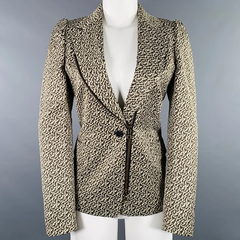 DRIES VAN NOTEN Size 8 Black Cream Cotton Blend Zip Jacket Blazer Denim Jacket Leather Jacket Suede Jacket