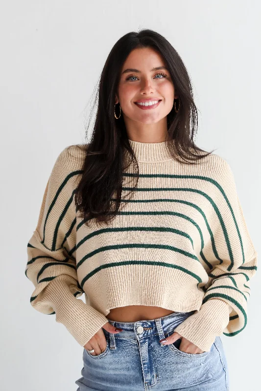 Comfy Cuteness Green Striped Cropped Sweater Iron Safe Non-Iron Wrinkle Free