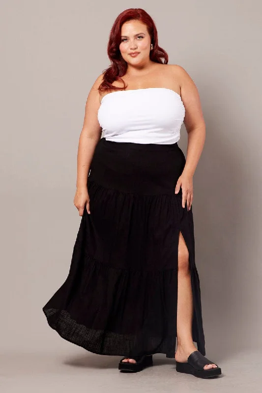 Black Maxi Skirt Linen Blend Split silk skirt lustrous