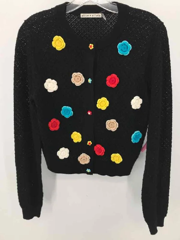 Pre-Owned Alice + Olivia Black Size Medium Knit Button Down Sweater Mesh Fabric Canvas Fabric Denim Fabric
