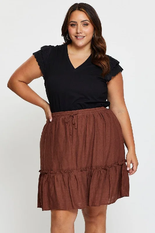 Brown High Waist Linen Blend Skater Mini Skirt velvet skirt luxury