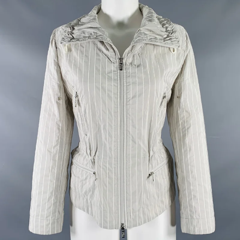ARMANI COLLEZIONI Size 6 Grey White Polyester Blend Stripe Jacket Trench Coat Raincoat Waterproof Jacket