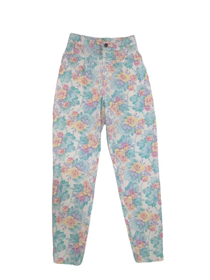 [S] Vintage Chic Pastel Floral High-Waisted Pants Trendy Wide-Legged Trousers