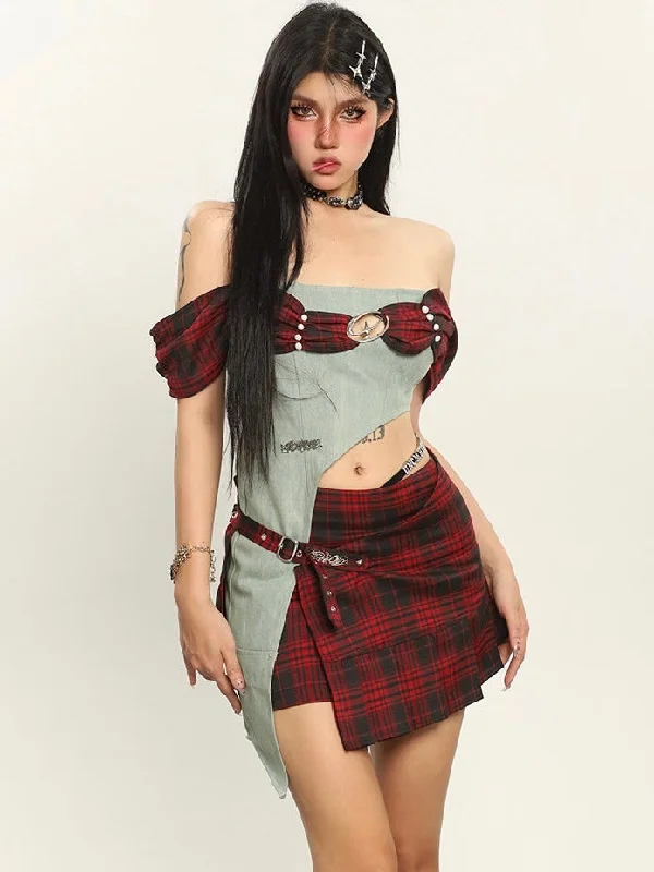 Dauna Red Check Paneled Denim College Off-the-Shoulder Top + Belt Strap Mini Skirt Matching Set lace skirt delicate