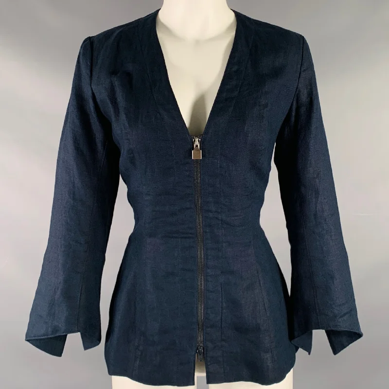 SUKSEE Size S Navy Linen Flared Sleeves Zip Up Jacket Cardigan Sweater Pullover
