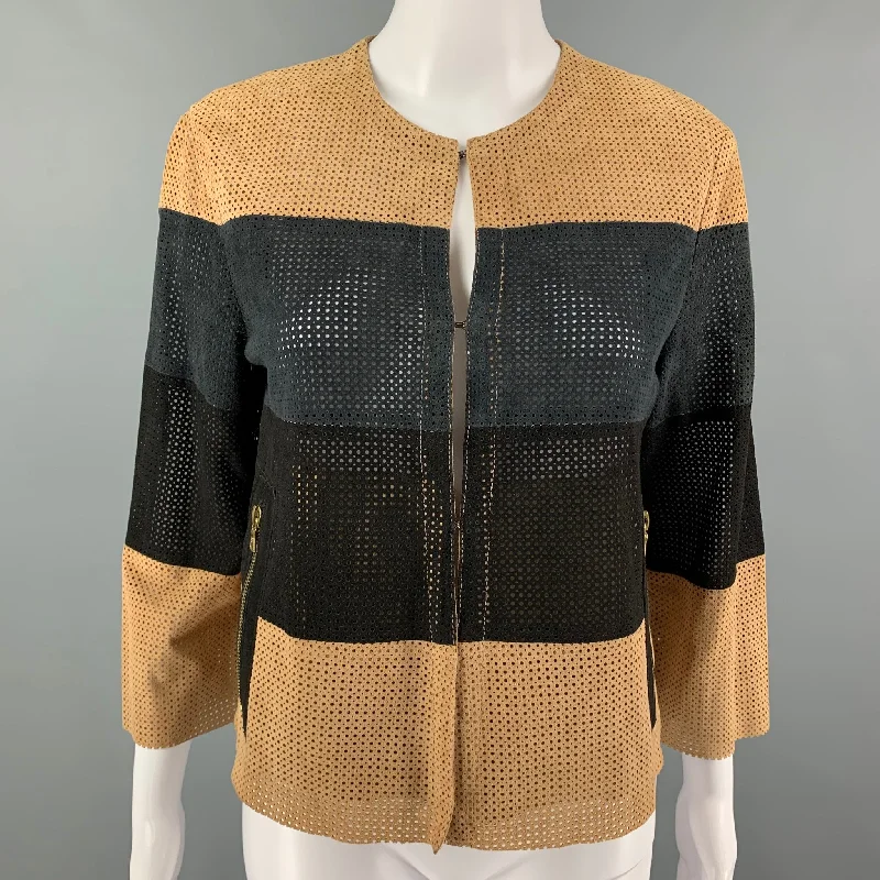 DROME Size S Camel Black Suede Perforated Hook & Eye Jacket Faux Fur Fabric Real Fur Fabric Shearling Fabric DROME Size S Camel Black Suede Perforated Hook & Eye Jacket Faux Fur Fabric Real Fur Fabric Shearling Fabric