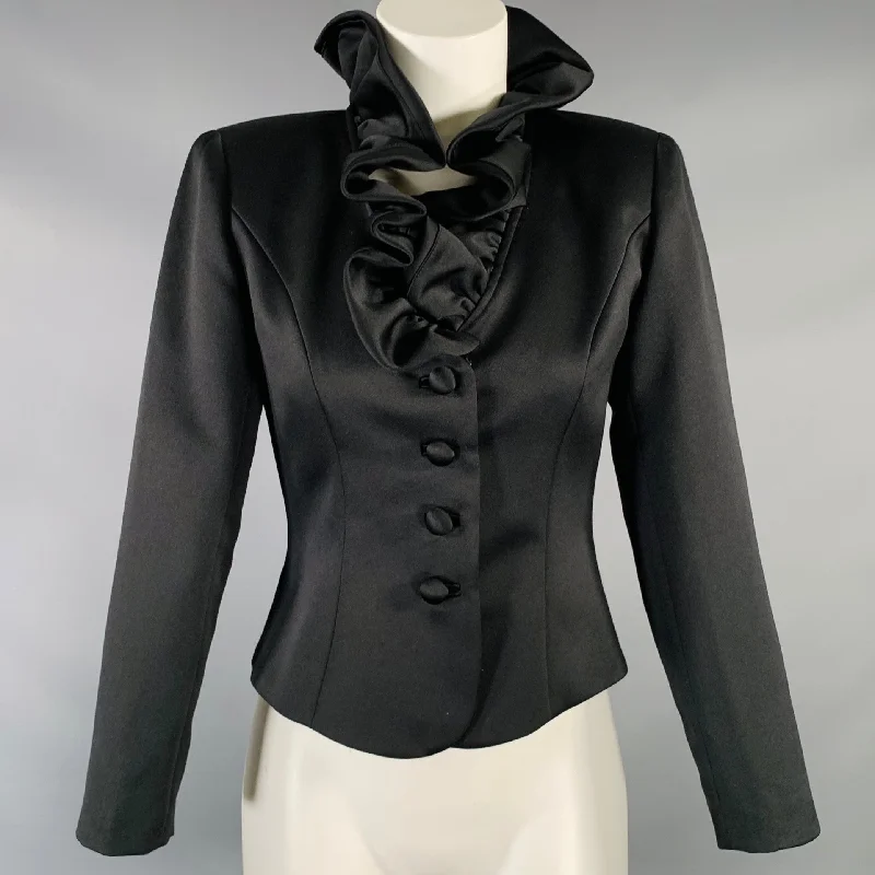 OLEG CASSINI Size 2 Black Polyester Ruffle Collar Jacket Mesh Jacket Canvas Jacket Denim Jacket
