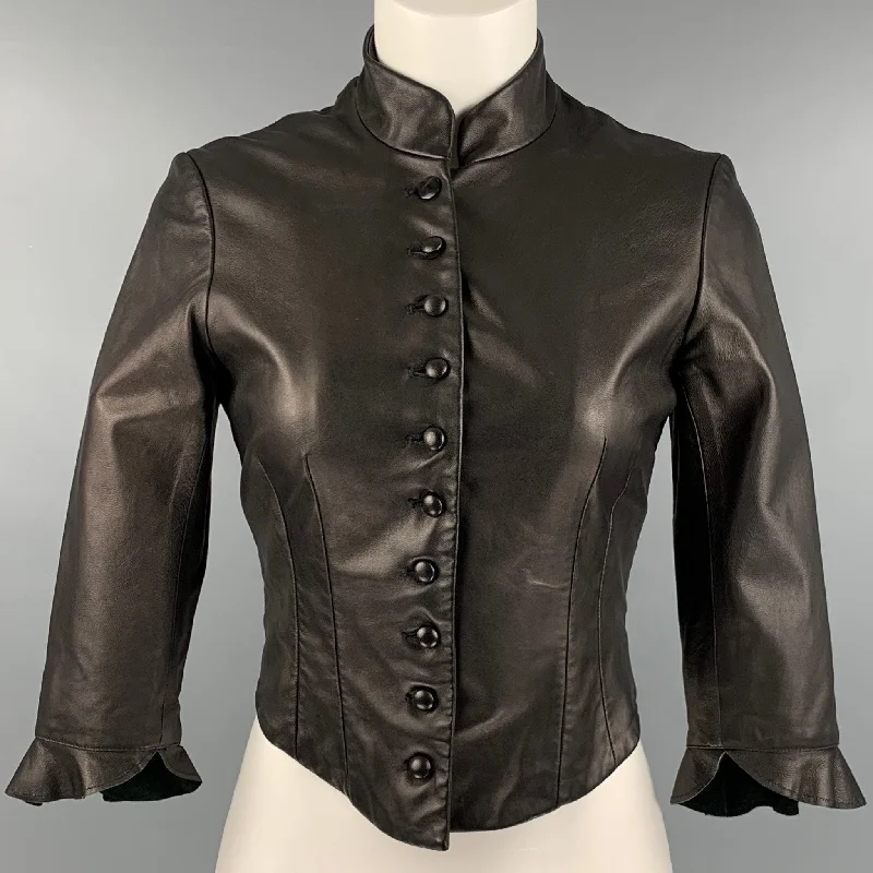 JILL STUART Size 2 Black Leather 3/4 Sleeves Jacket Blazer Cotton Fabric Linen Fabric Terry Fabric