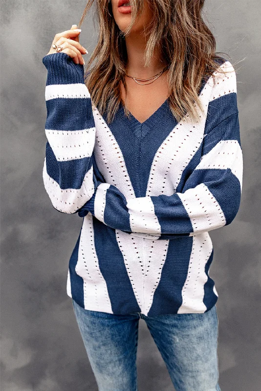Striped Colorblock V Neck Knitted Sweater Fitted Slim Tailored