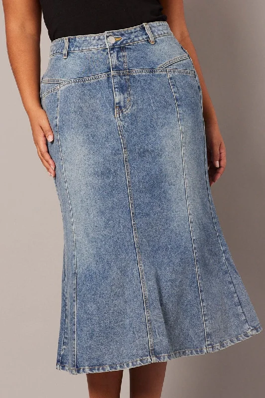 Denim Panel Midi Skirt ruffled skirt detail