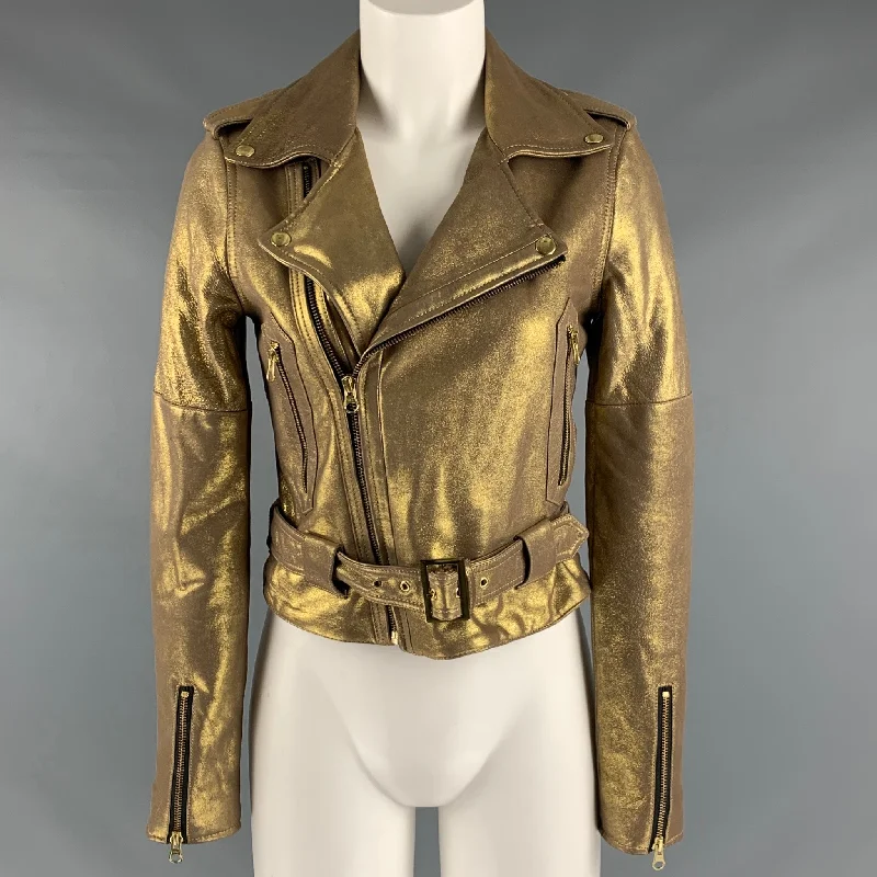REBECCA MINKOFF Size XS Gold Leather Metallic Lambskin Biker Jacket (Outdoor) Zip Front Button Front Snap Front