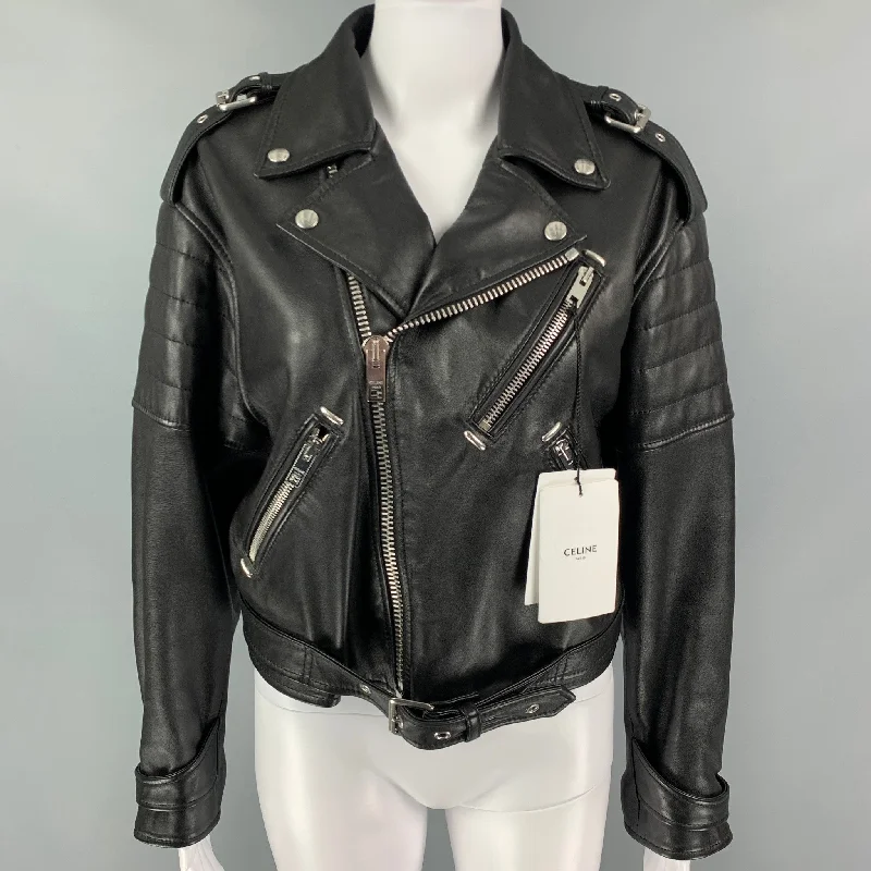 CELINE Size 6 Black Leather Motorcycle Cropped Jacket Anorak Shell Jacket Lightweight Jacket CELINE Size 6 Black Leather Motorcycle Cropped Jacket Anorak Shell Jacket Lightweight Jacket