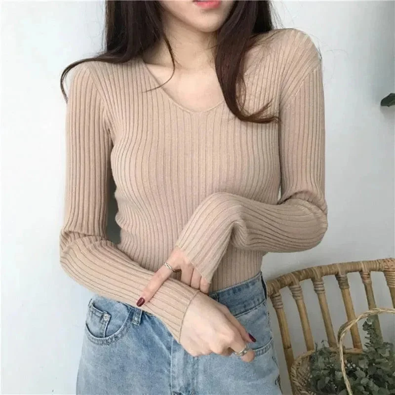 V-Neck Slim Knitted Sweater Spandex Blend Rayon Blend Denim Blend