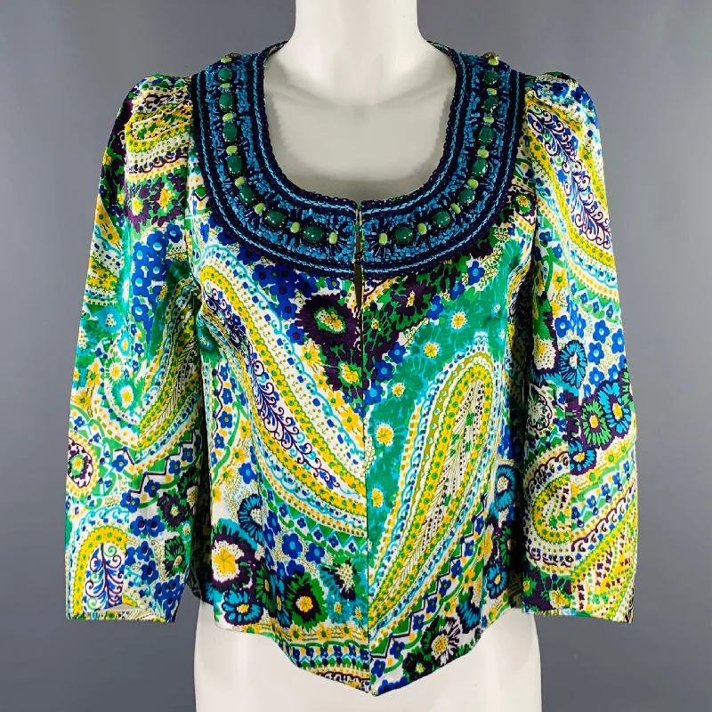 ANDREW GN Size 6 Green Yellow Linen Blend Paisley Jacket Hooded Jacket Caped Jacket Shawl Collar Jacket