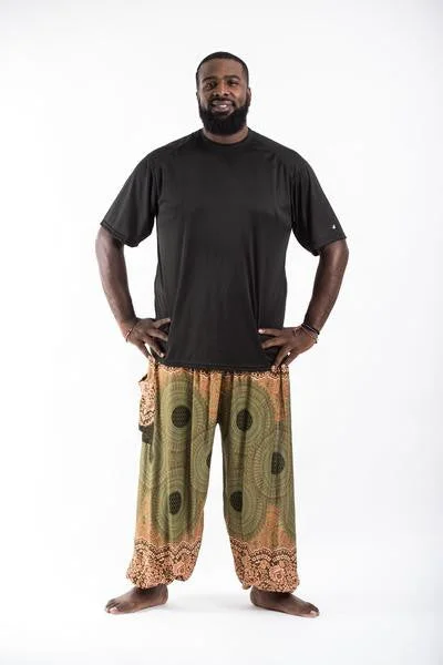 Plus Size Unisex Geometric Mandalas Harem Pants in Olive Casual Skinny Fit Pants