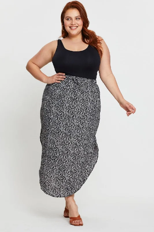 Floral Print Midi Skirt Elastic Waist slim fit skirt