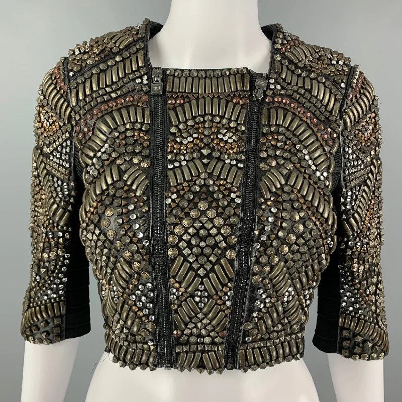 HERVE LEGER Size S Black Metallic Leather Cropped Jacket Satin Fabric Silk Fabric Chiffon Fabric HERVE LEGER Size S Black Metallic Leather Cropped Jacket Satin Fabric Silk Fabric Chiffon Fabric