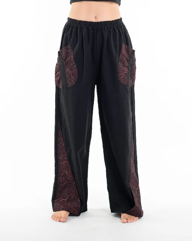 Unisex Thai Cotton Pants with Hill Tribe Trim in Black Casual Drawstring Pants
