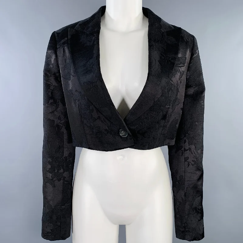 ERDEM Size 8 Black Wool Blend Floral Peak Lapel Jacket Blazer Print Jacket Jacquard Jacket Embroidered Jacket
