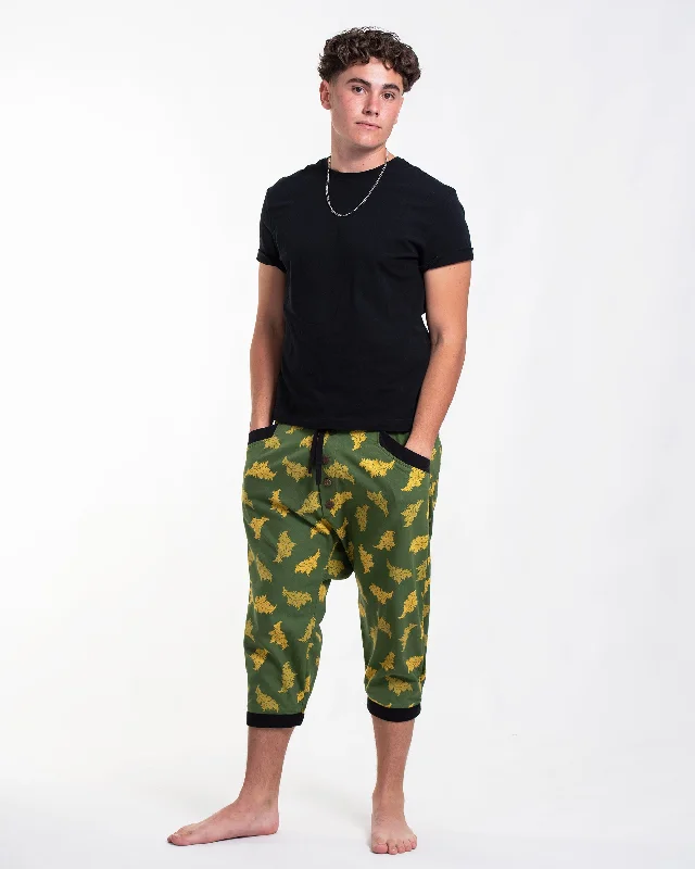 Unisex Leaves Harem Pants with Faux Buttons in Green Comfortable Denim Leggings