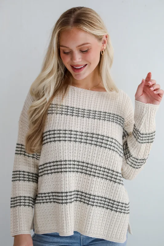 Admirable Aura Ivory Striped Sweater Embroidered Appliqued Beaded