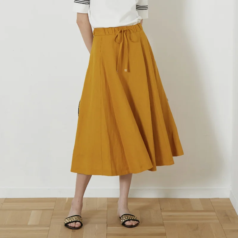 DiDi Guranjie linen blend gusseted skirt in mustard yellow silk skirt lustrous