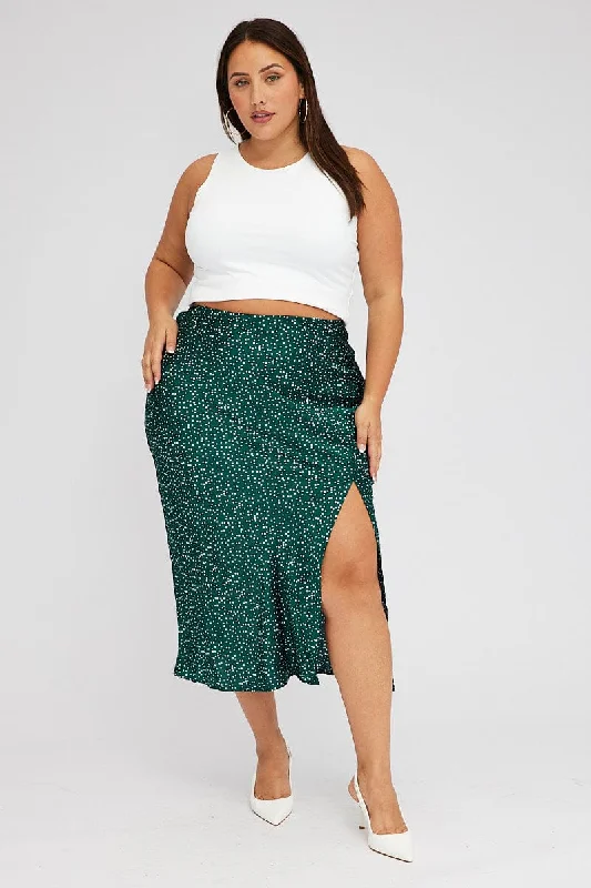 Green Polka Dot Satin Slip Skirt With Split corduroy skirt cozy