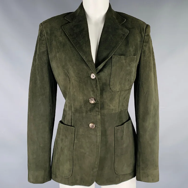 RALPH LAUREN Size 6 Green Suede Pleated Single Breasted Jacket Striped Jacket Polka Dot Jacket Floral Jacket
