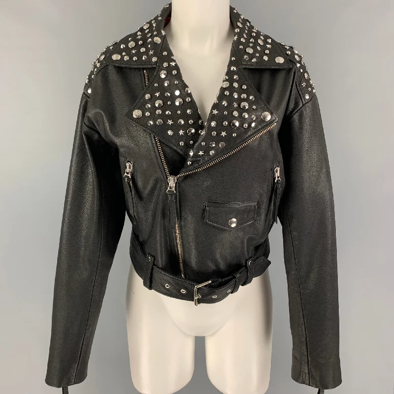 THE KOOPLES Size 2 Black Leather Studded Biker Jacket Ribbed Jacket Pleated Jacket Ruffled Jacket THE KOOPLES Size 2 Black Leather Studded Biker Jacket Ribbed Jacket Pleated Jacket Ruffled Jacket